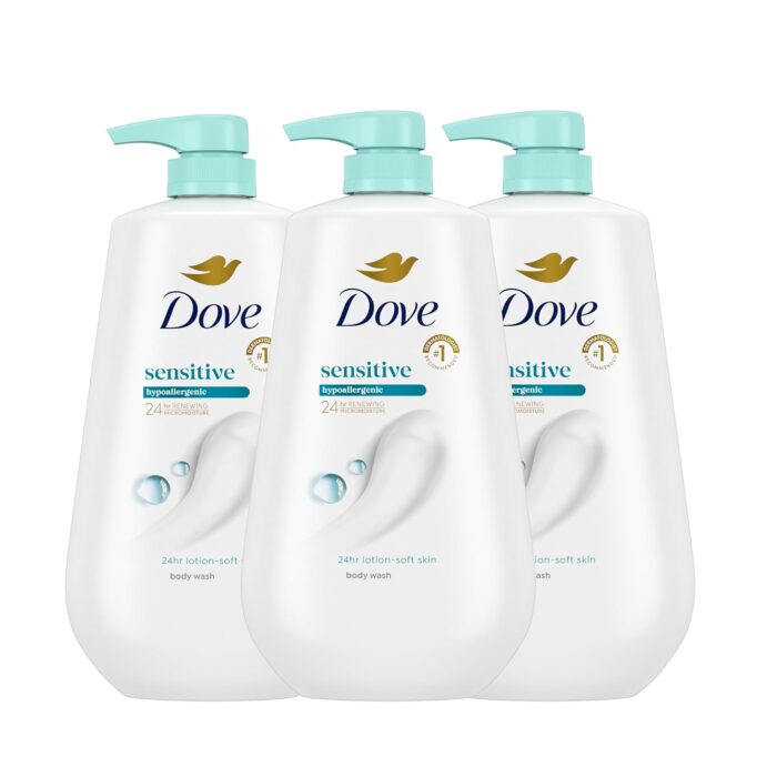 Dove Sensitive Skin Body Wash – 30.6 oz Pump Bottles (Pack of 3)